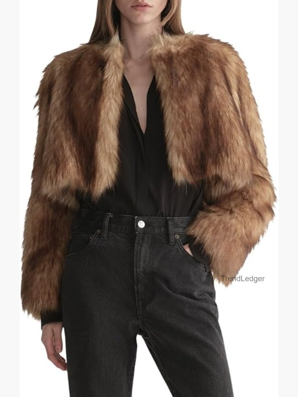 Cropped Faux Fur Jacket with Hook Closure - Picture 1 of 5